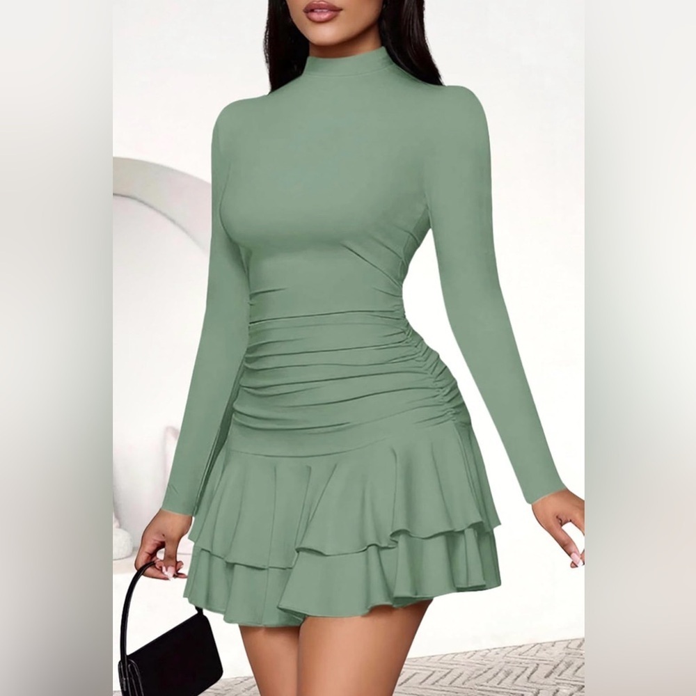 NWT PRETTYGARDEN Womens Spring Long Sleeve Dress with Mock Neck Ruched & Ruffles - Picture 3 of 3